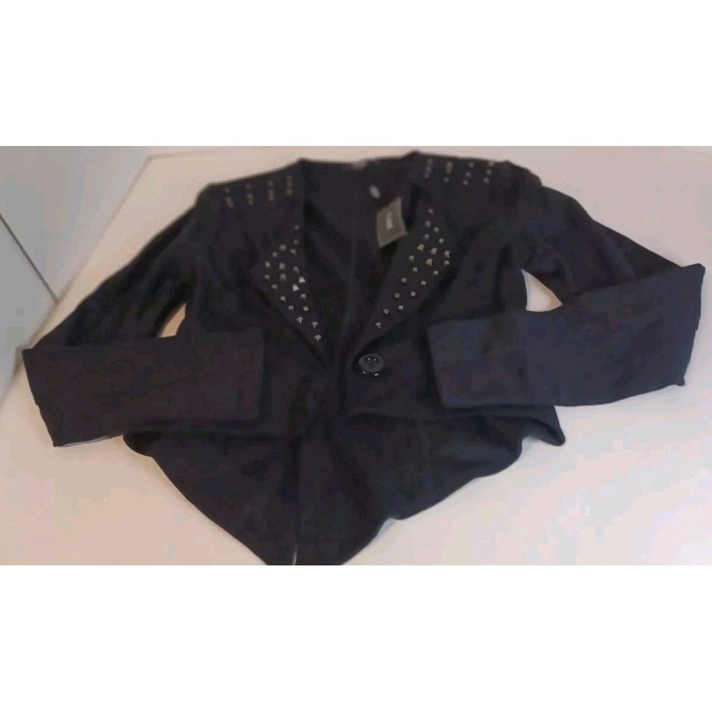 S Line Black Studded Moto Jacket Edgy Asymmetrical Cropped Blazer Women's M - Picture 3 of 9